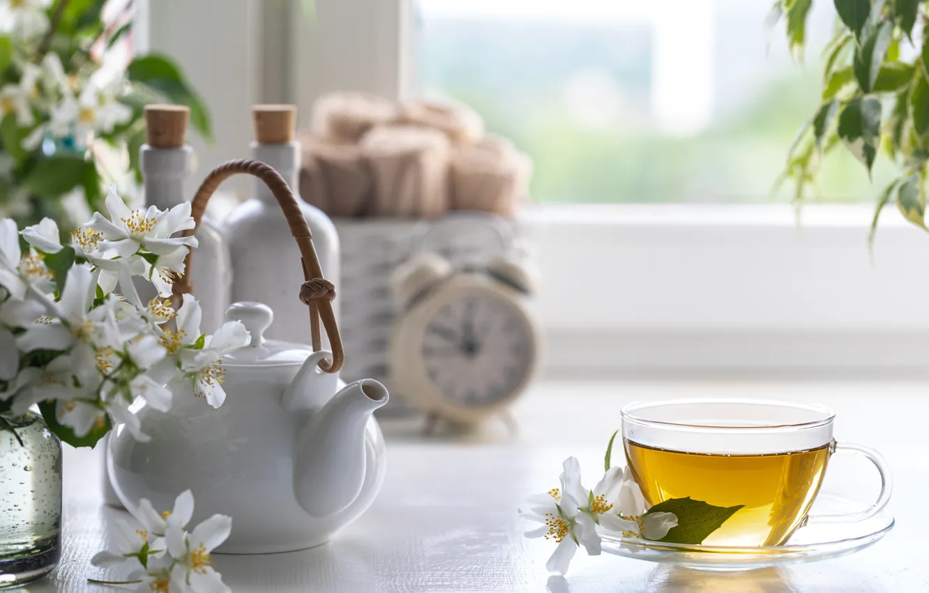 Photo wallpaper flowers, tea, kettle, Cup, Jasmine, Karina Klachuk