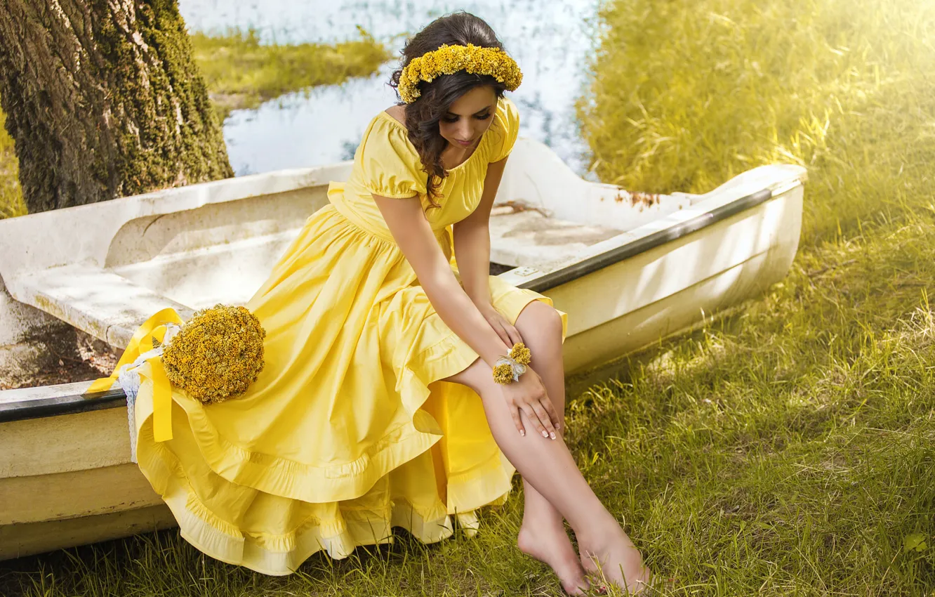 Photo wallpaper summer, grass, girl, flowers, boat, bouquet, dress, brunette