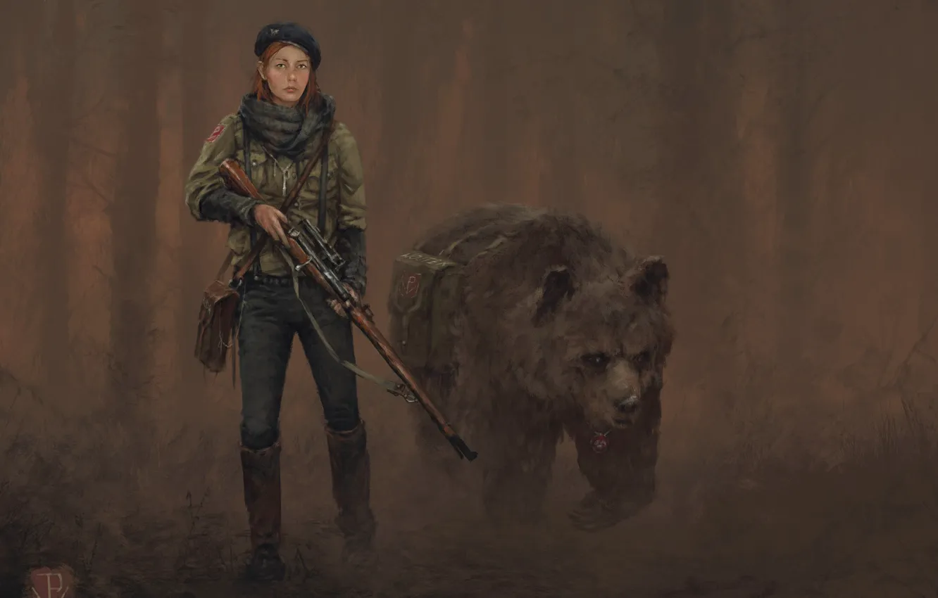 Photo wallpaper Girl, bear, weapon, hat, face, animal, painting, blonde
