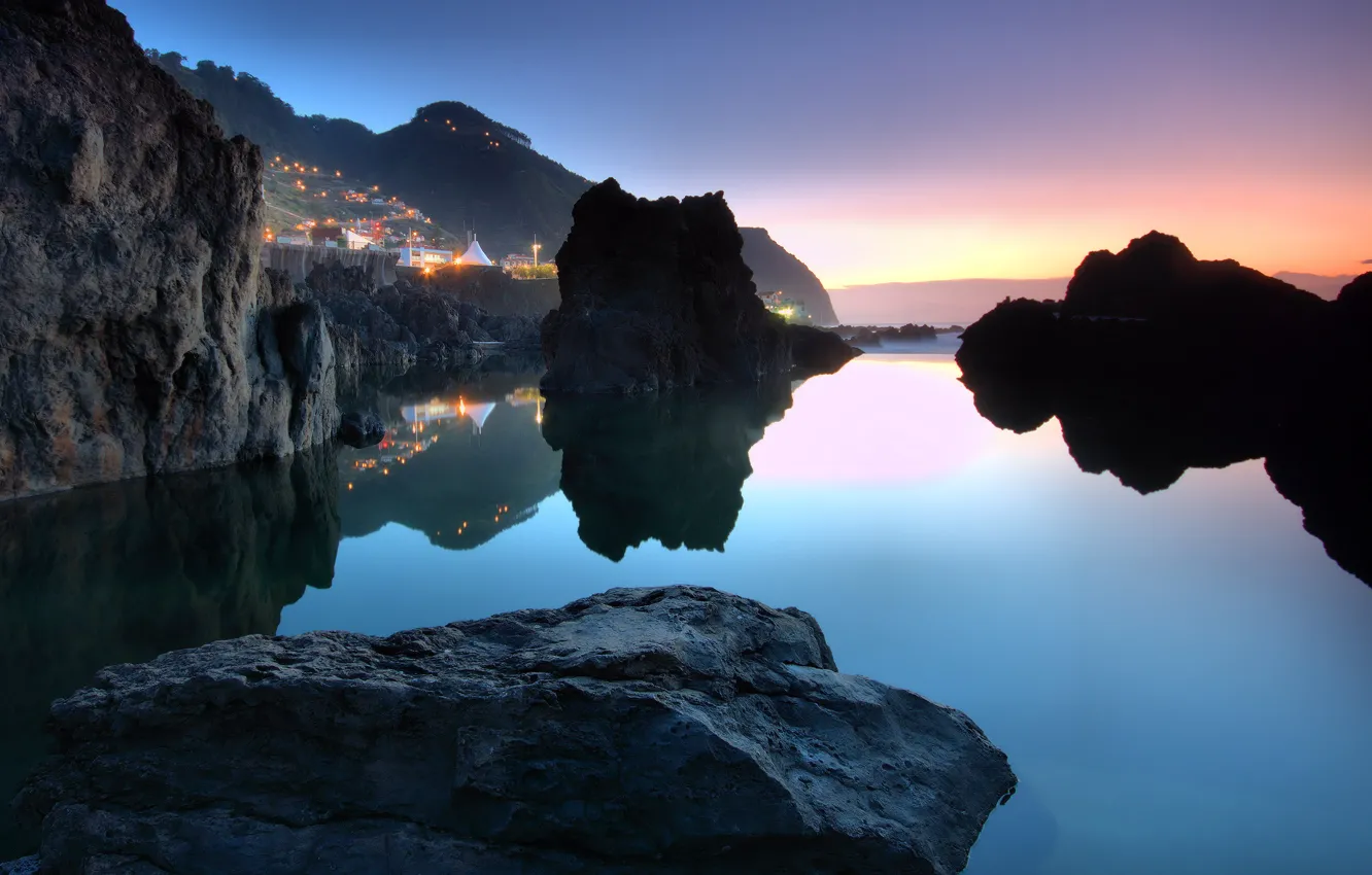 Photo wallpaper the sky, water, sunset, stones, the ocean, Portugal, town, Porto Moniz