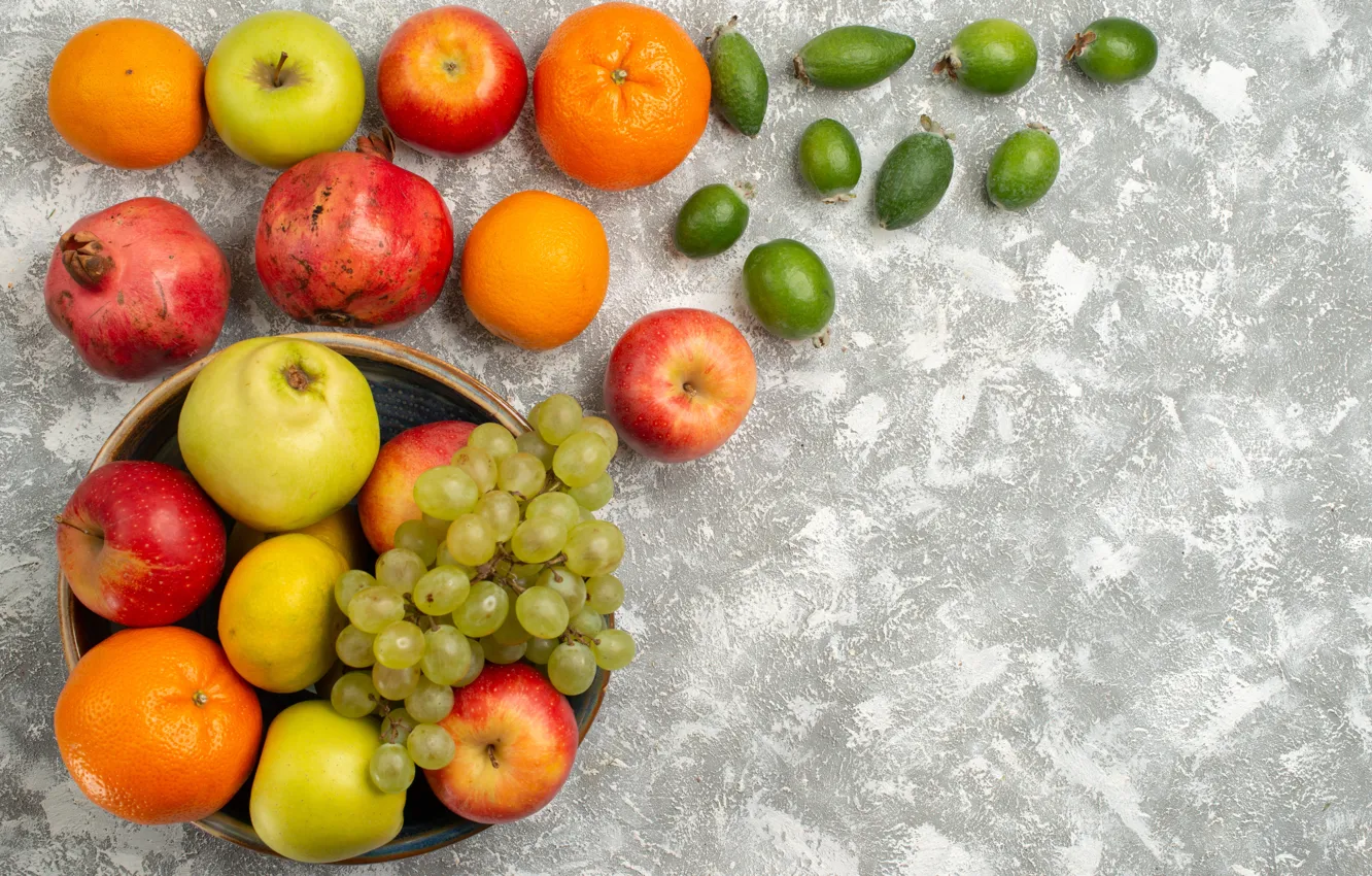 Photo wallpaper apples, orange, grapes, citrus, fruit, light background, different, garnet
