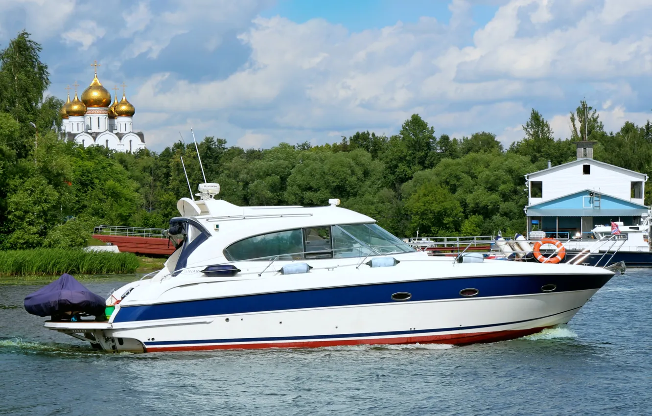 Photo wallpaper the sky, landscape, river, shore, yacht