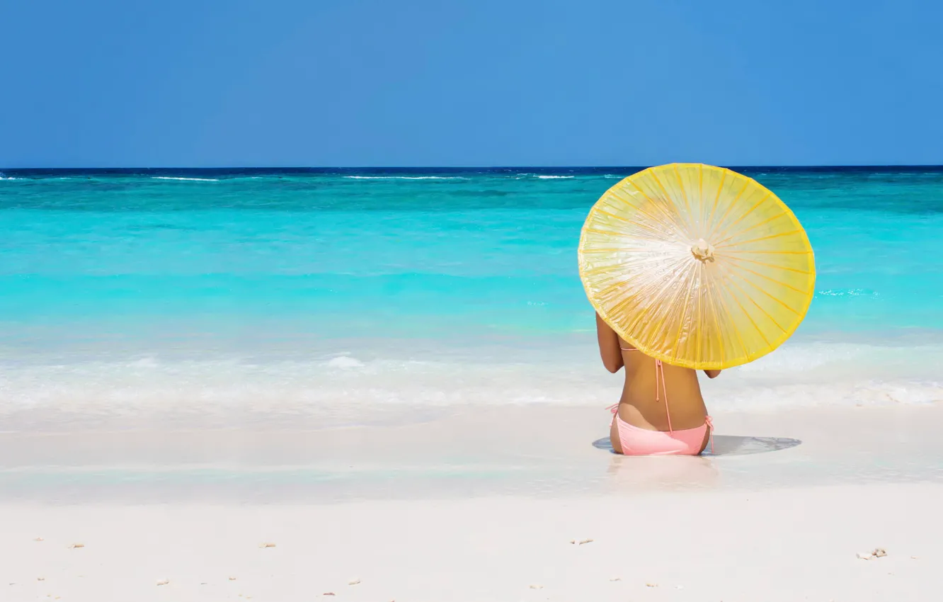 Photo wallpaper sea, beach, girl, umbrella