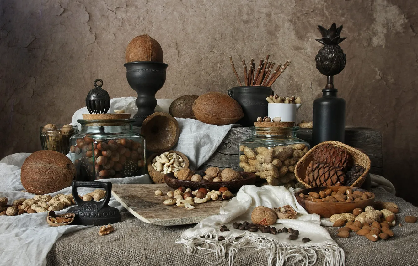 Photo wallpaper Bank, dishes, fabric, nuts, still life, items, a lot, different