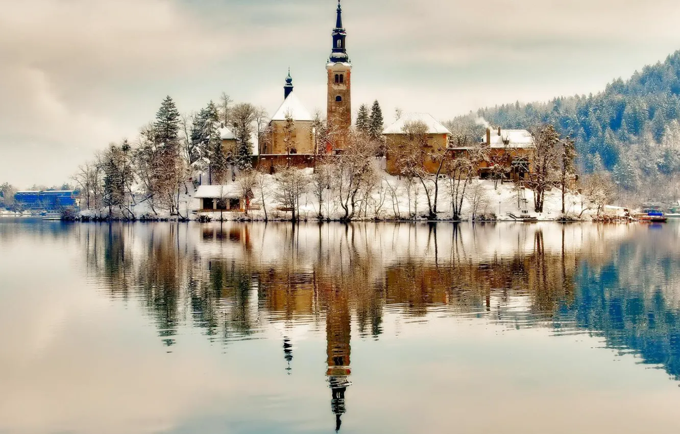 Photo wallpaper winter, the sky, snow, trees, lake, island, Church