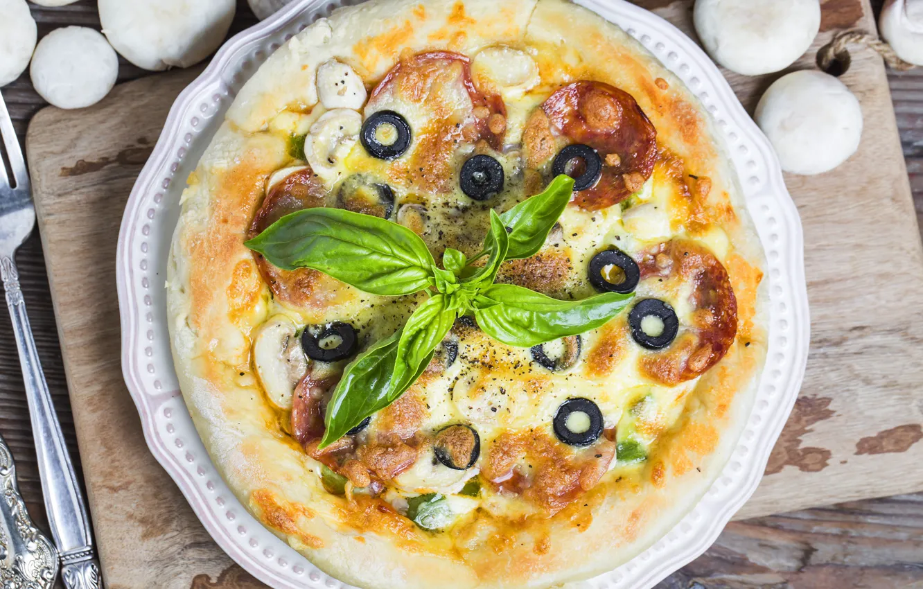 Photo wallpaper mushrooms, pizza, pizza, olives, salami, Basil