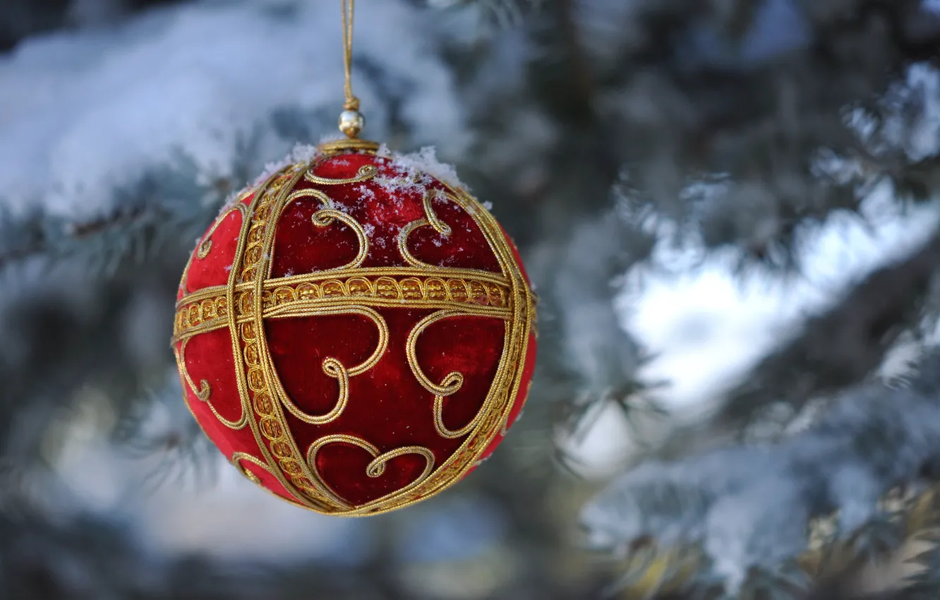 Photo wallpaper macro, snow, toy, tree, ball, New Year, Christmas, decoration