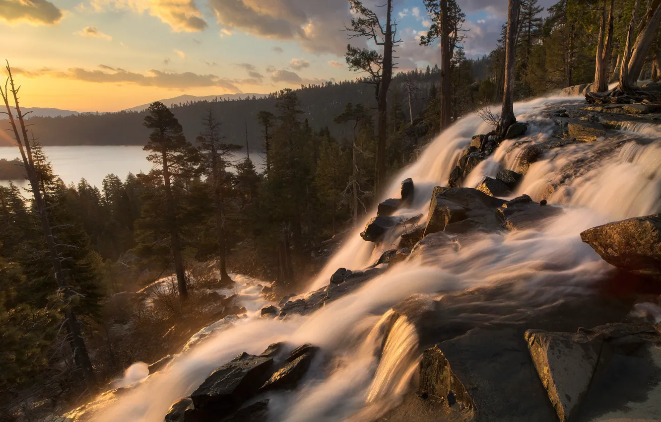 Photo wallpaper landscape, sunset, nature, lake, stones, waterfall, stream, CA, USA, forest, Tahoe, Eagle Falls, Sergei Lukanin