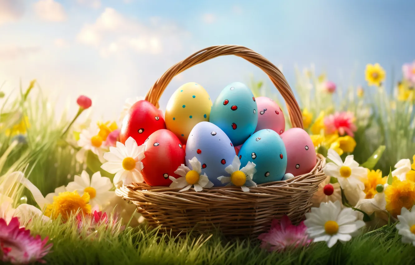 Photo wallpaper flowers, basket, glade, eggs, spring, colorful, Easter, flowers