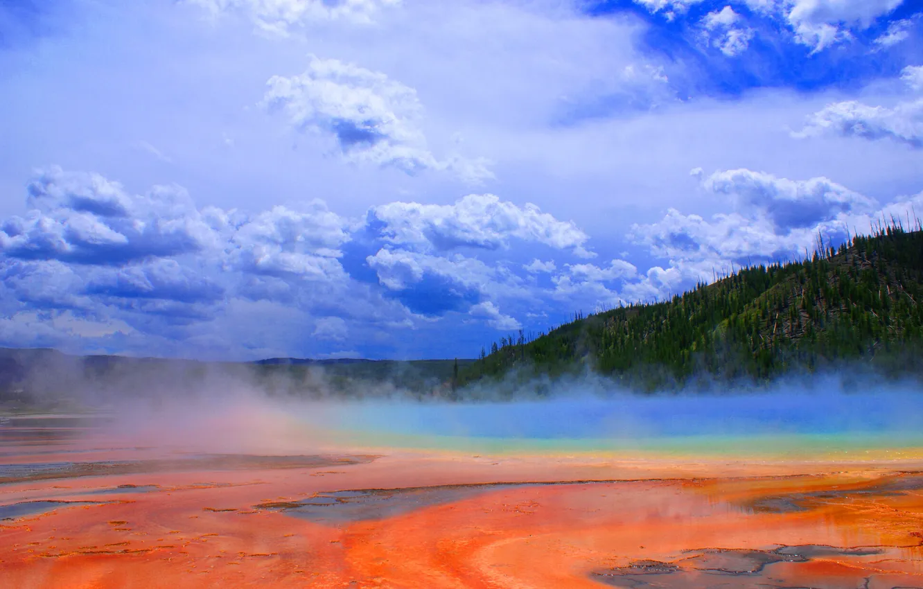 Photo wallpaper the sky, trees, lake, couples, USA, geyser, Yellowstone national Park