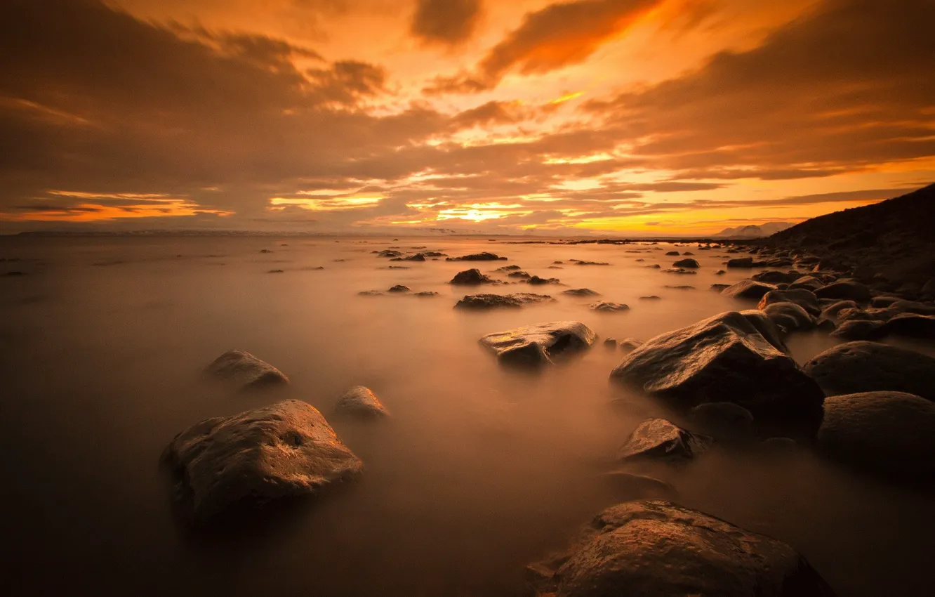 Photo wallpaper Sunset, Sea, Stones