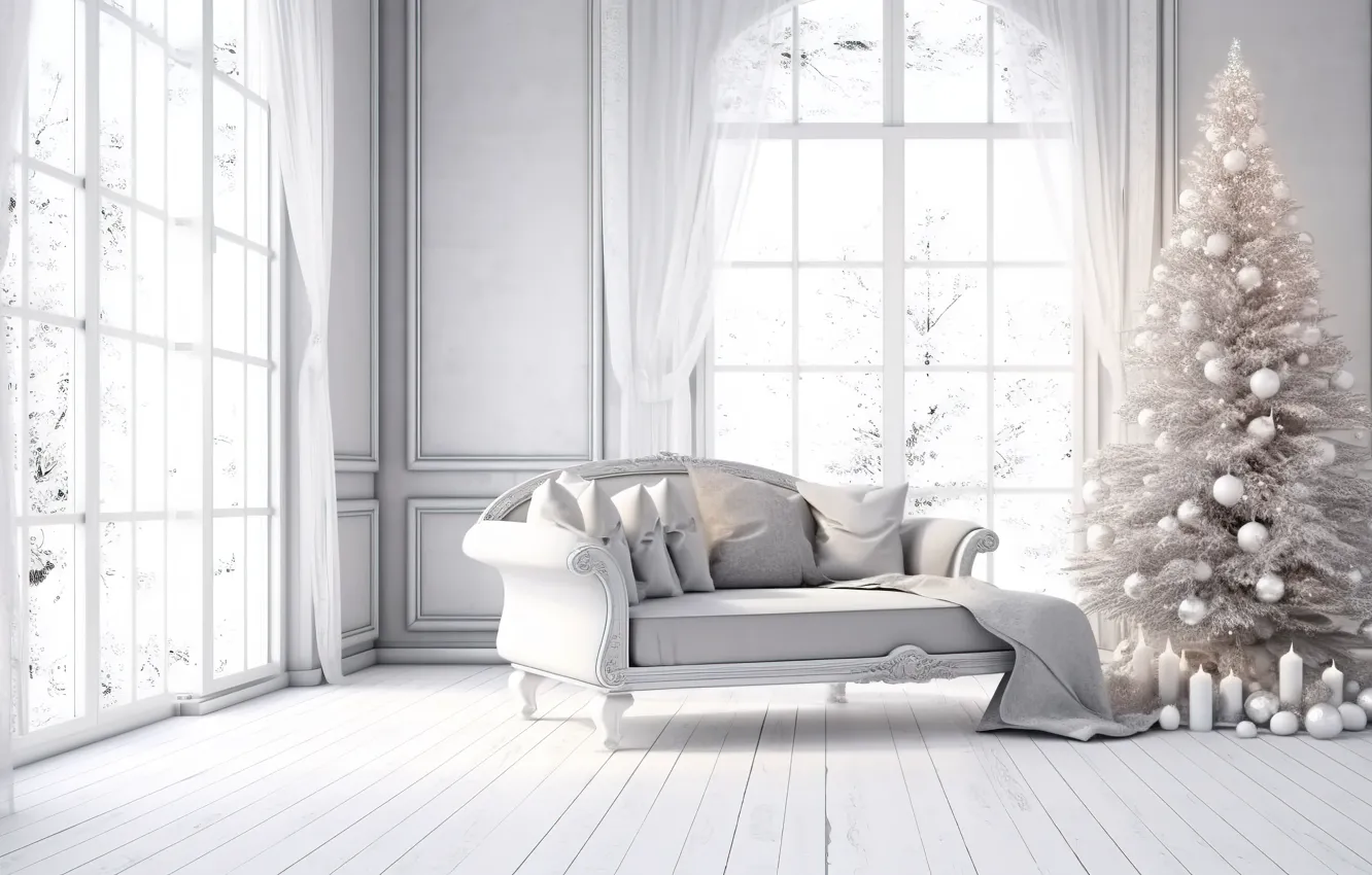 Photo wallpaper winter, decoration, room, gift, balls, tree, new year, interior