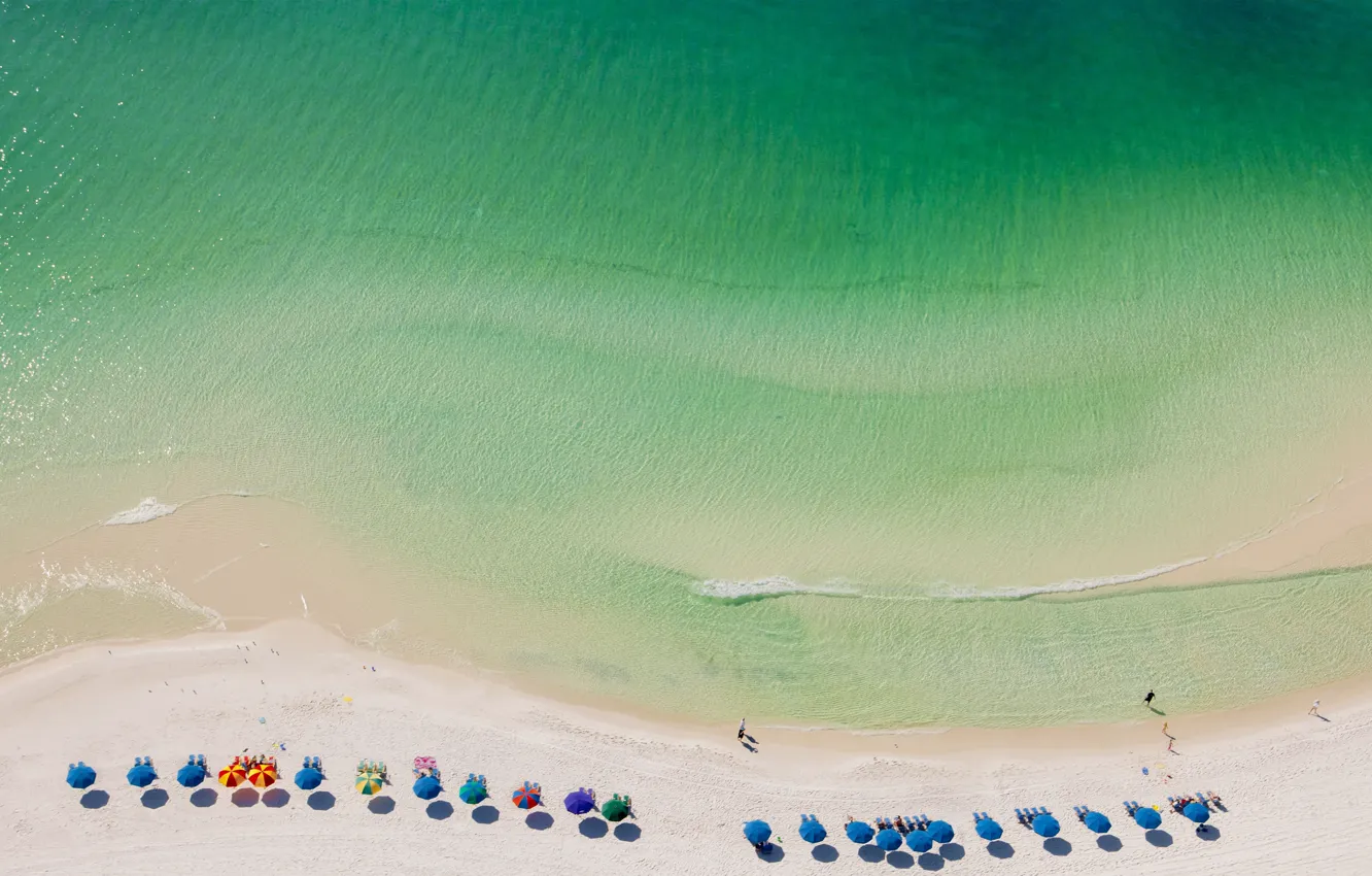 Photo wallpaper sand, beach, the ocean, FL, USA, the view from the top, Destin, umbrellas on the …