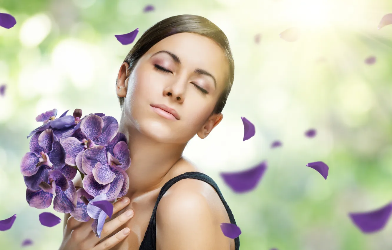 Photo wallpaper greens, girl, flowers, bouquet, petals, hairstyle, bokeh