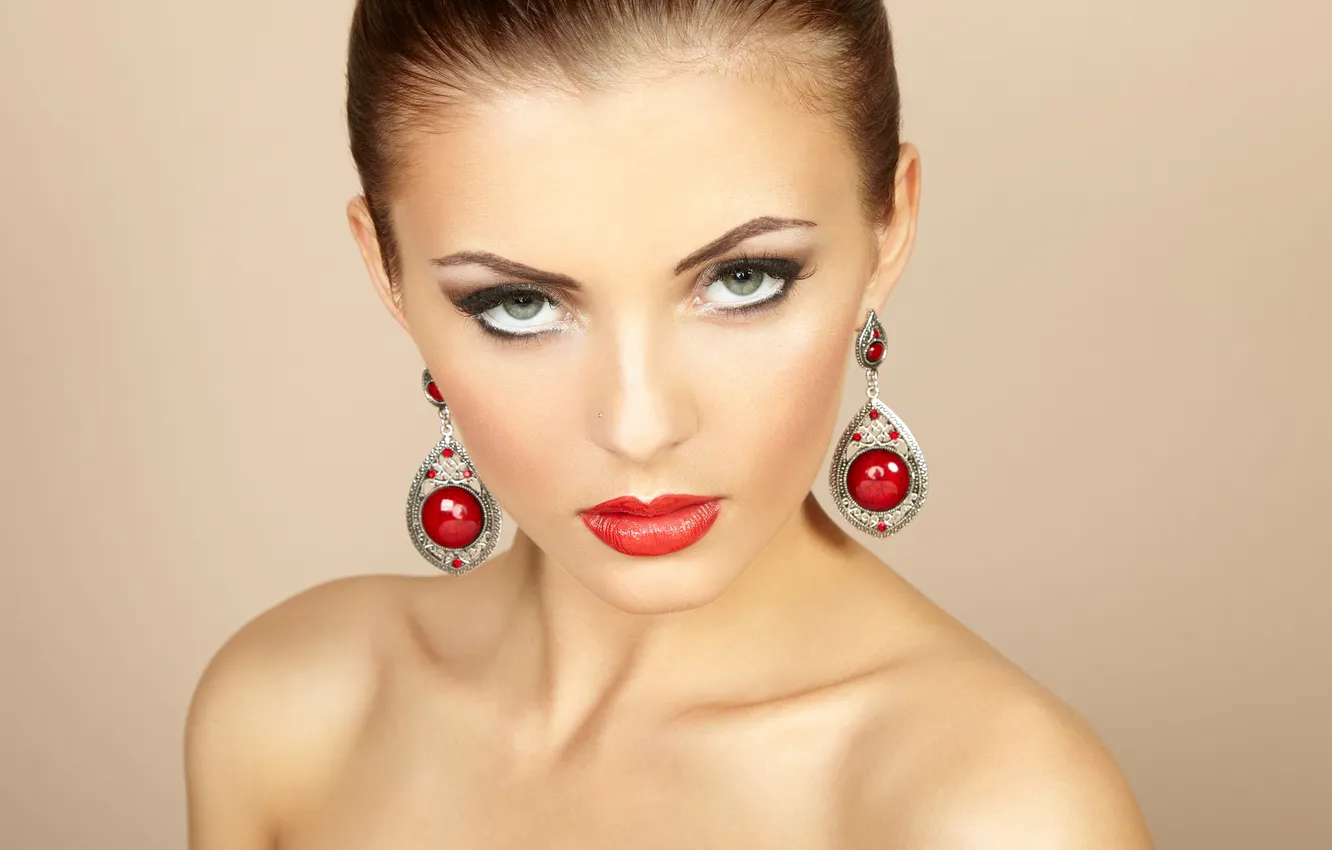 Photo wallpaper look, girl, face, background, hair, earrings, lips