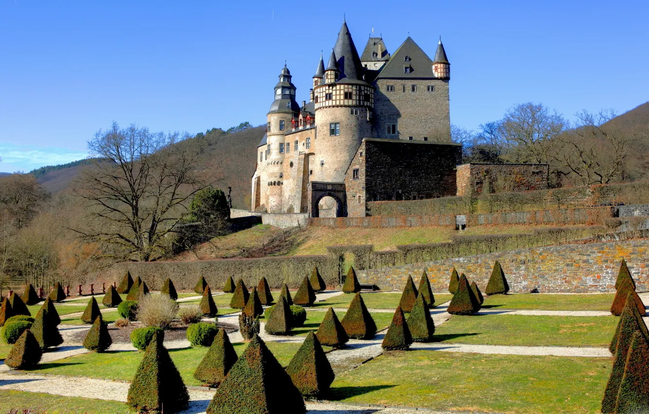 Photo wallpaper the sky, trees, mountains, Park, castle, hills, the bushes, Paiz