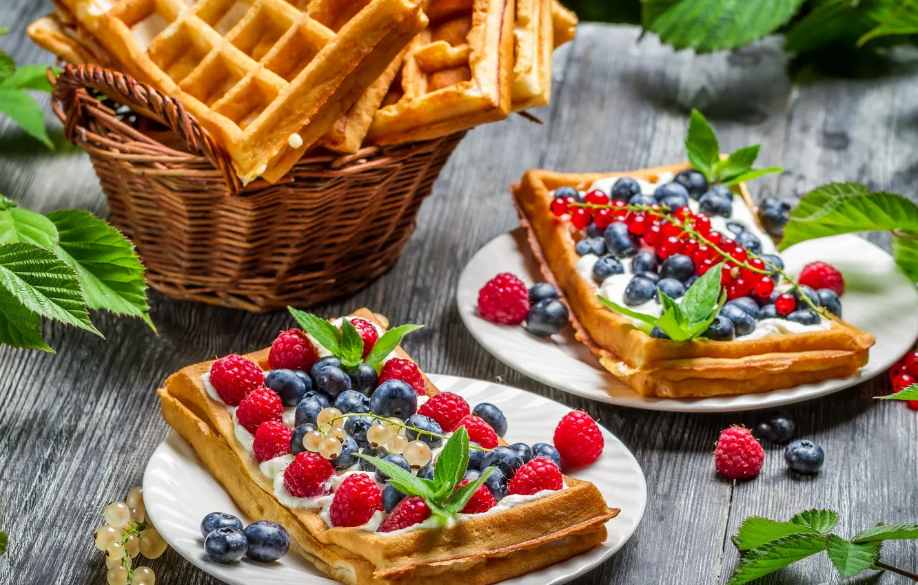 Photo wallpaper background, food, Waffles with whipped cream and fruits of the forest