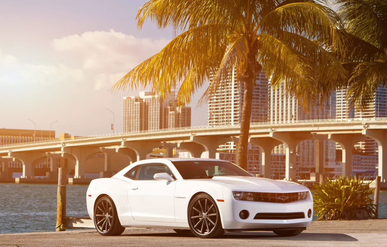 Photo wallpaper white, the sky, clouds, bridge, the city, Palma, coast, Chevrolet