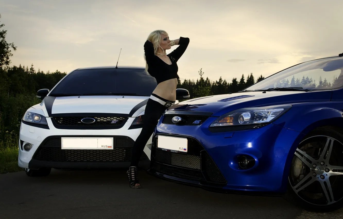 Photo wallpaper greens, the sky, girl, Ford, Girls, blonde, cars