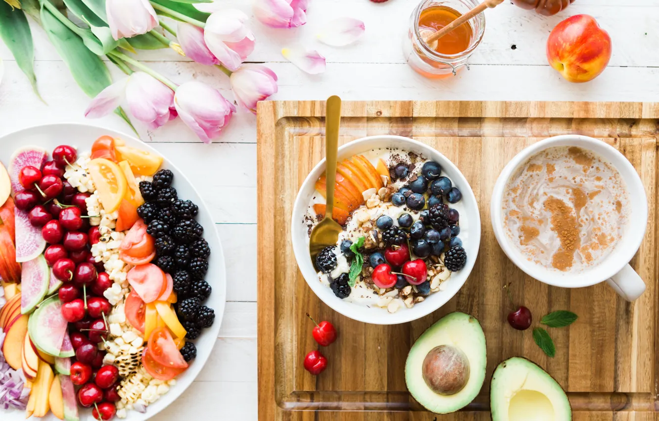 Photo wallpaper berries, coffee, food, bouquet, Breakfast, honey, tulips, fruit