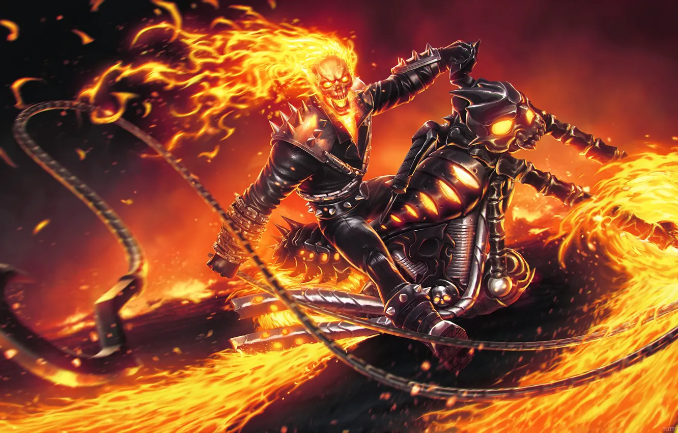 Photo wallpaper fire, skull, chain, motorcycle, fire, sake, Ghost Rider, bike