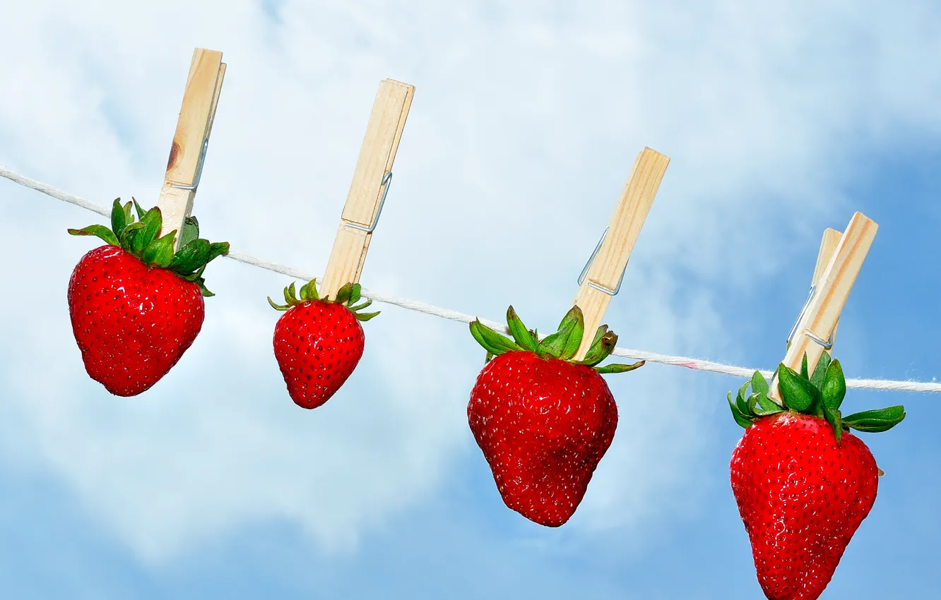 Photo wallpaper the sky, berries, background, strawberry, clothespins
