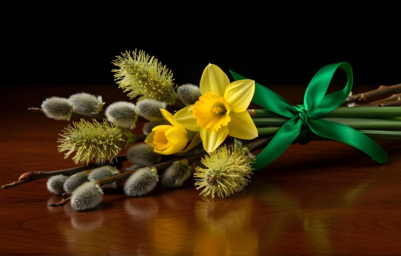 Photo wallpaper flowers, branches, yellow, green, reflection, the dark background, table, bouquet