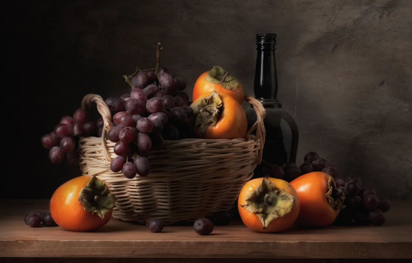 Photo wallpaper background, bottle, grapes, still life, basket, persimmon, Maxim Vyshar