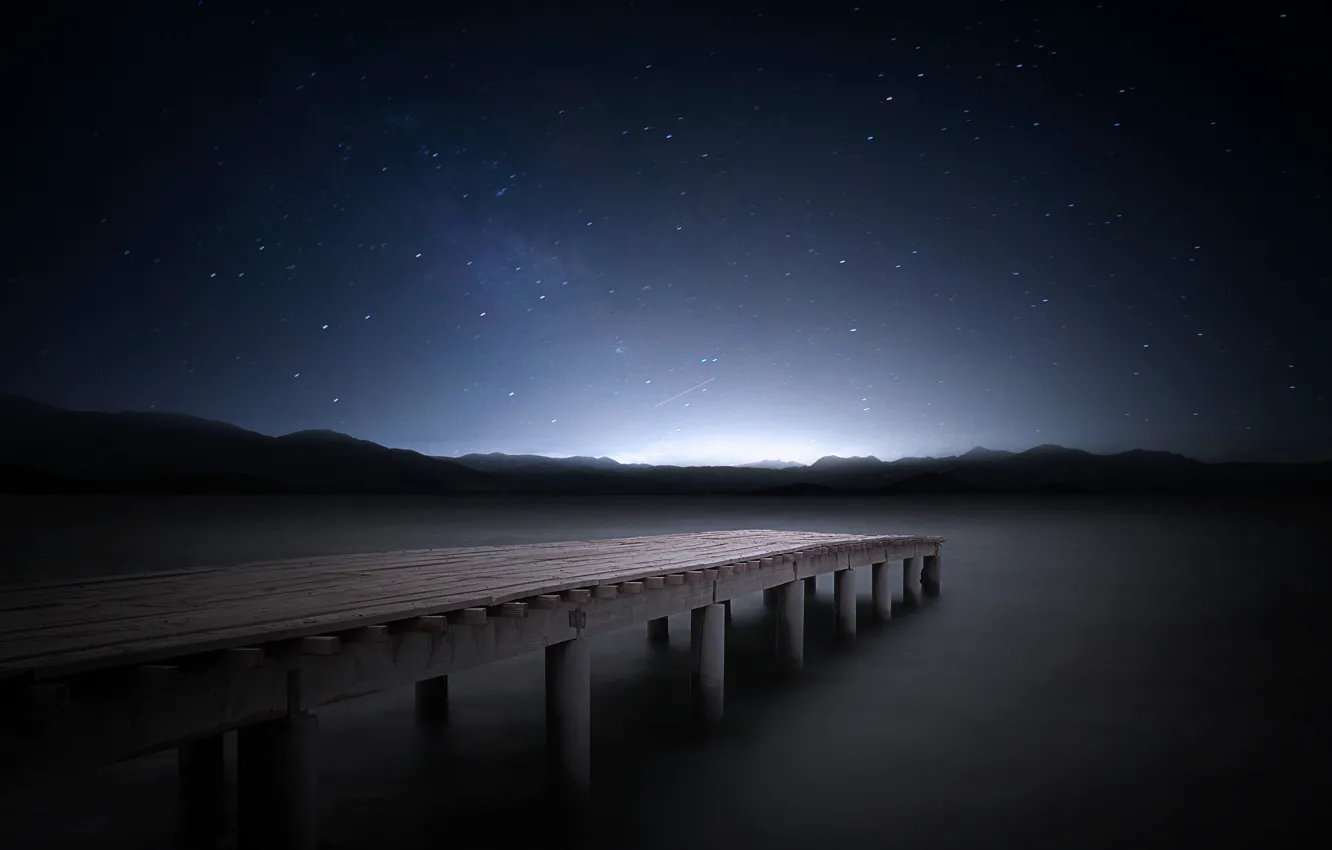 Photo wallpaper stars, mountains, night, lake, pierce