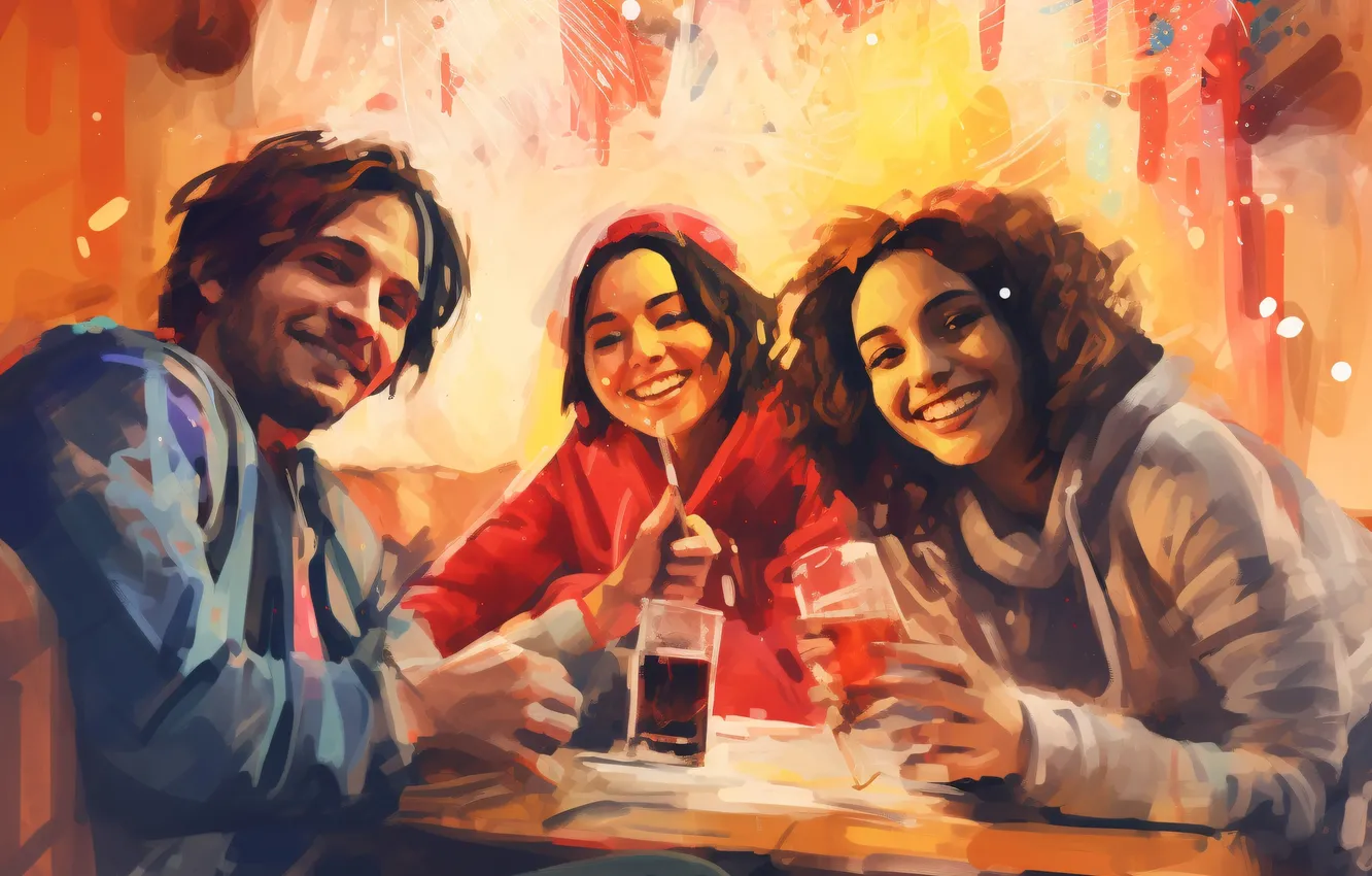 Photo wallpaper Girls, Look, Smile, Table, Christmas, New year, Guy, Joy