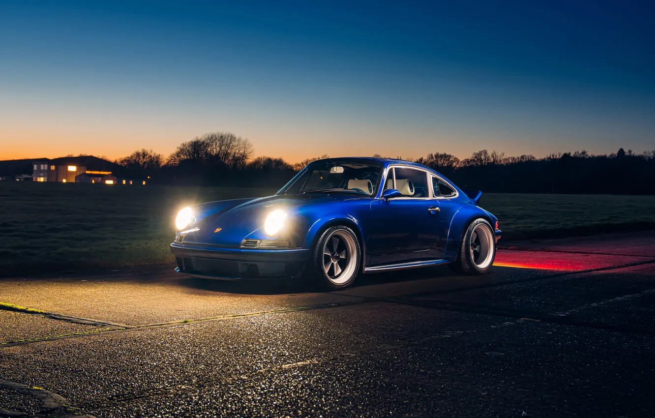Photo wallpaper Porsche, road, Porsche 911, blue, night