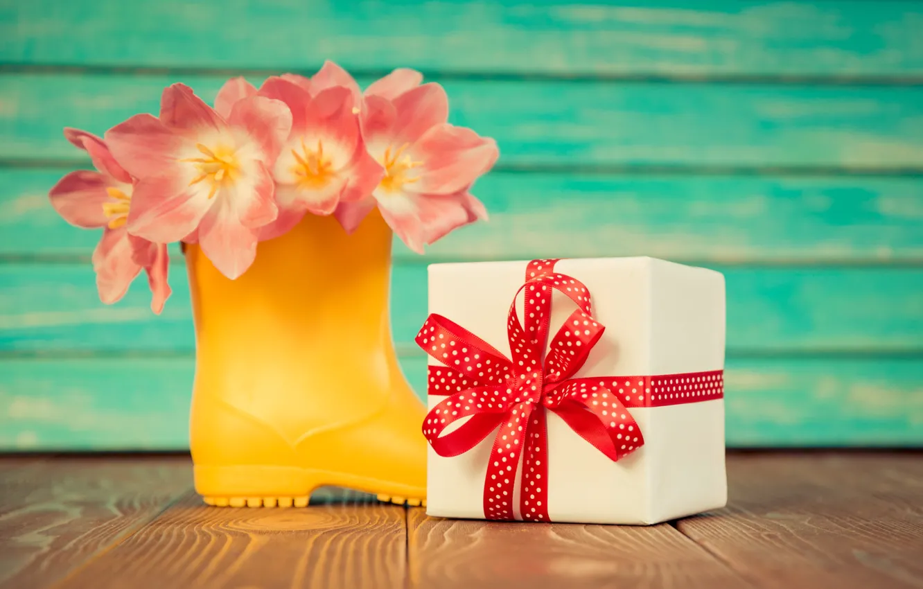 Photo wallpaper flowers, holiday, gift, tape, March 8, tulips pink