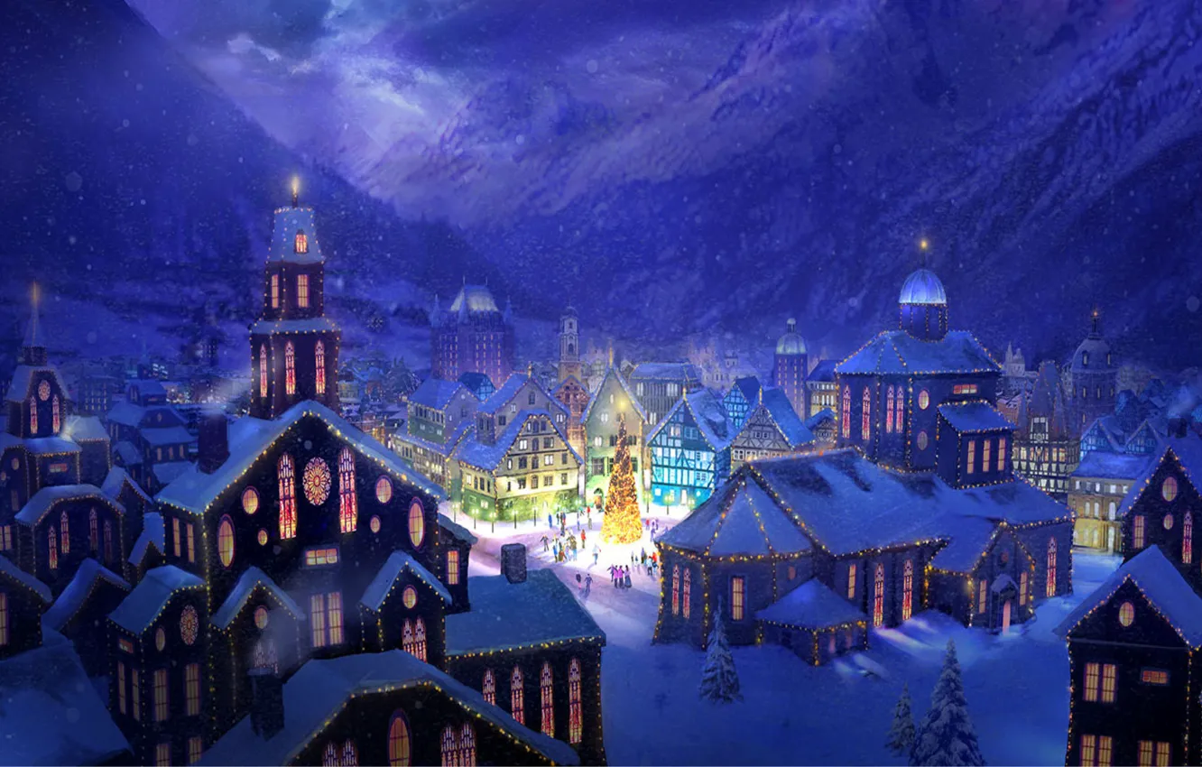 Photo wallpaper snow, mountains, the city, lights, holiday, figure, tree, home