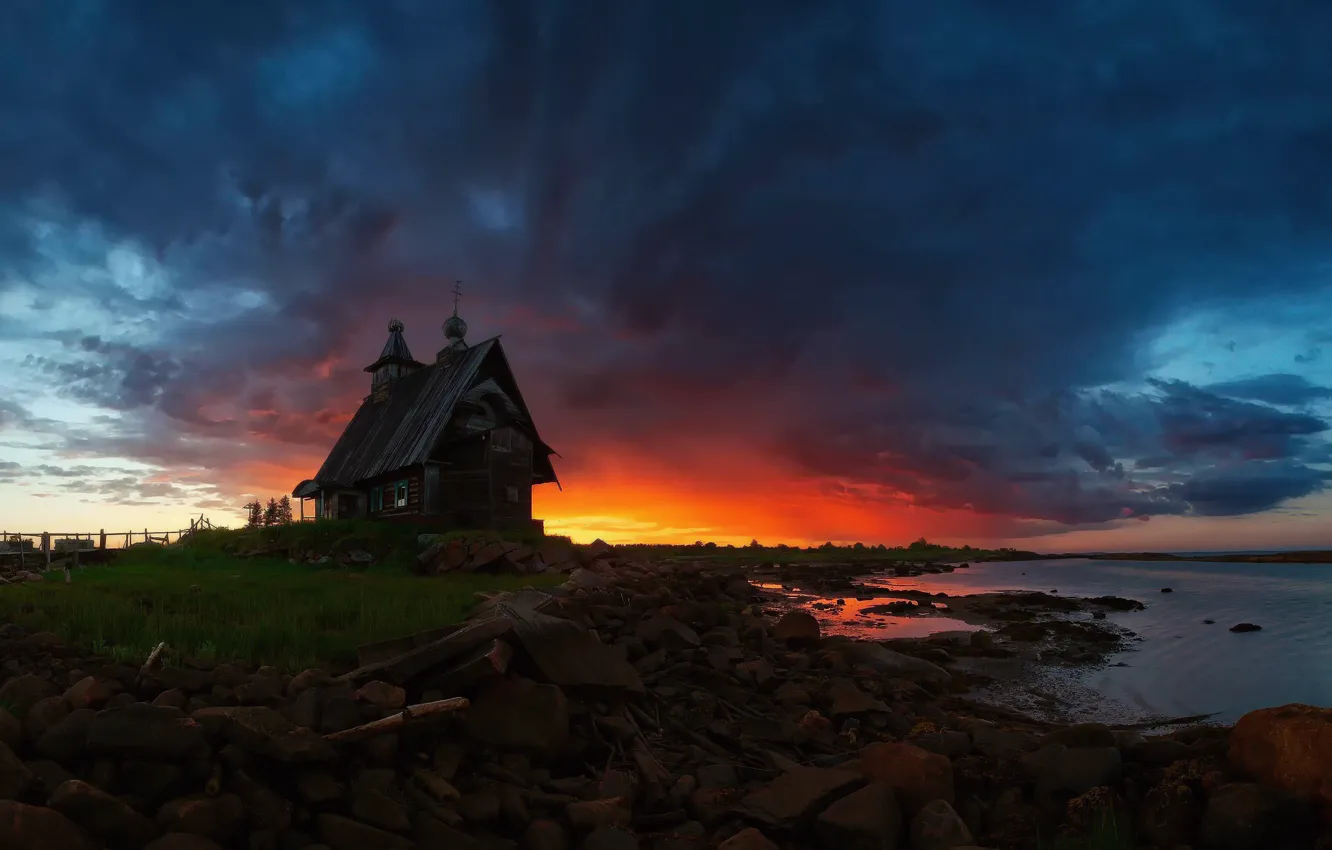 Photo wallpaper the sky, clouds, light, sunset, lake, stones, the evening, Church