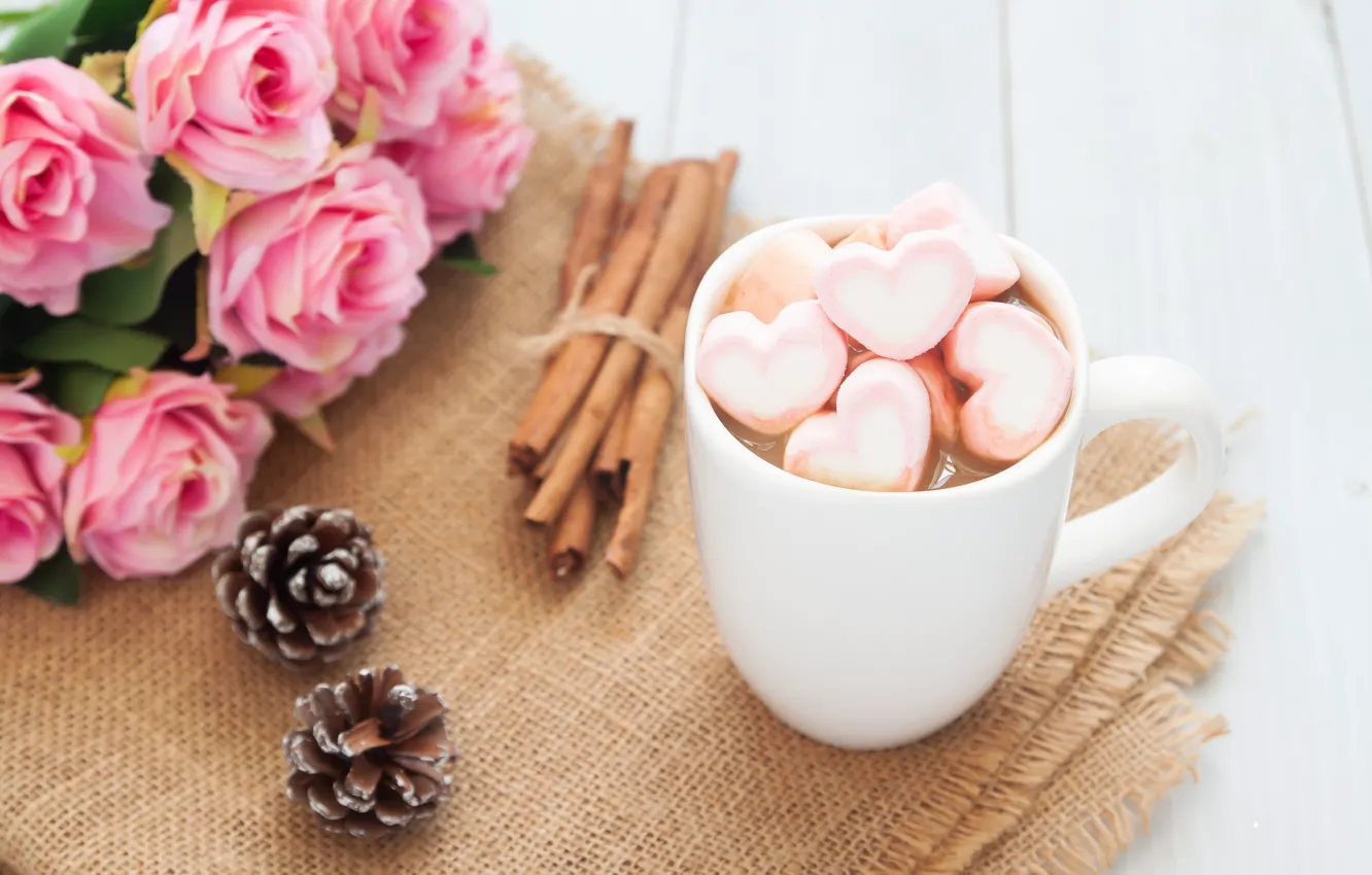 Photo wallpaper roses, bouquet, Cup, hearts, wood, pink, cup, romantic