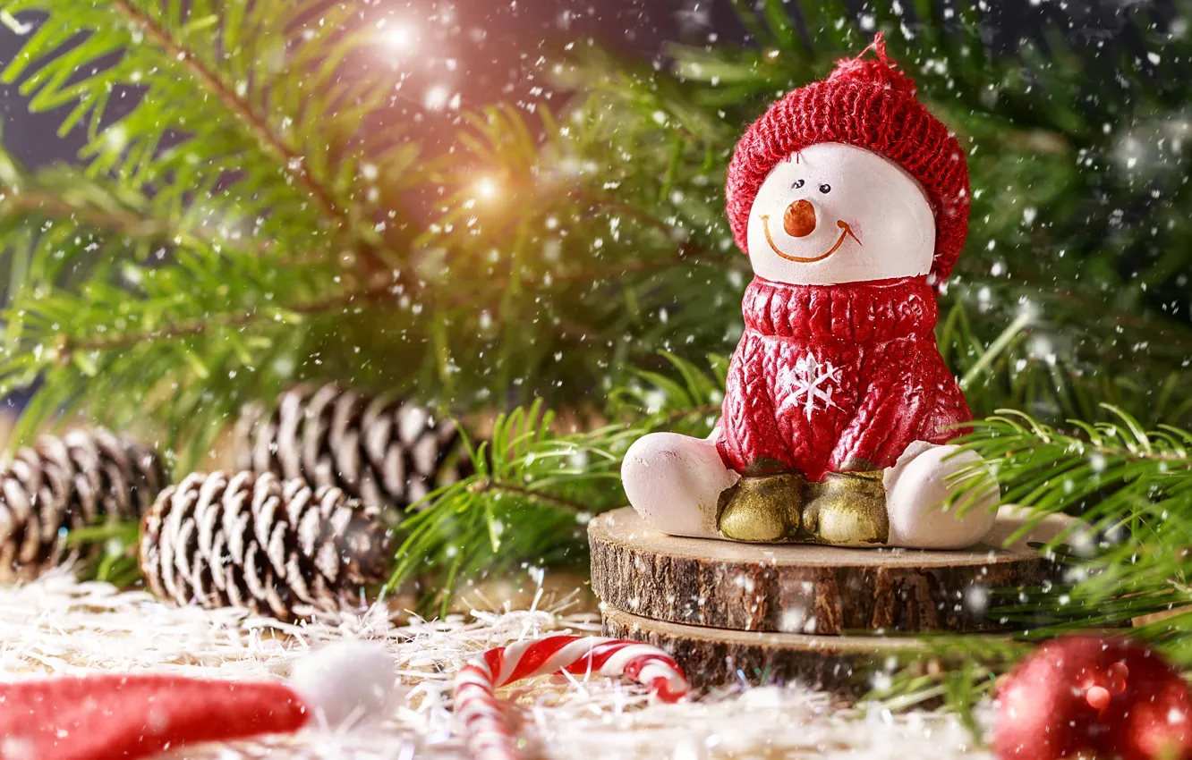 Photo wallpaper snow, decoration, toy, new year, Christmas, snowman, Christmas, wood
