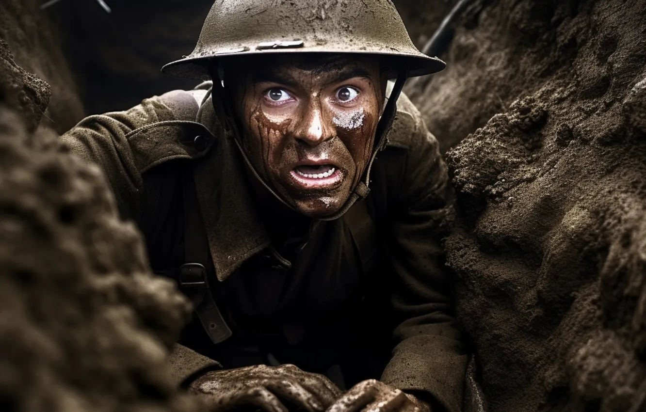 Photo wallpaper look, fear, dirt, soldiers, male, helmet, digital art, AI art