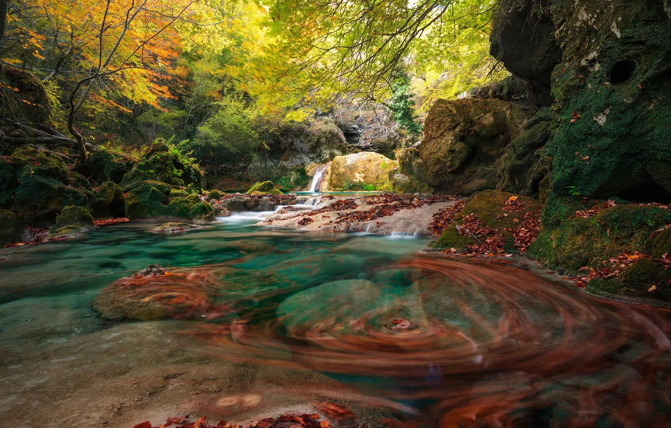 Photo wallpaper autumn, forest, river, rocks, Spain, Spain, Navarre, Navarre