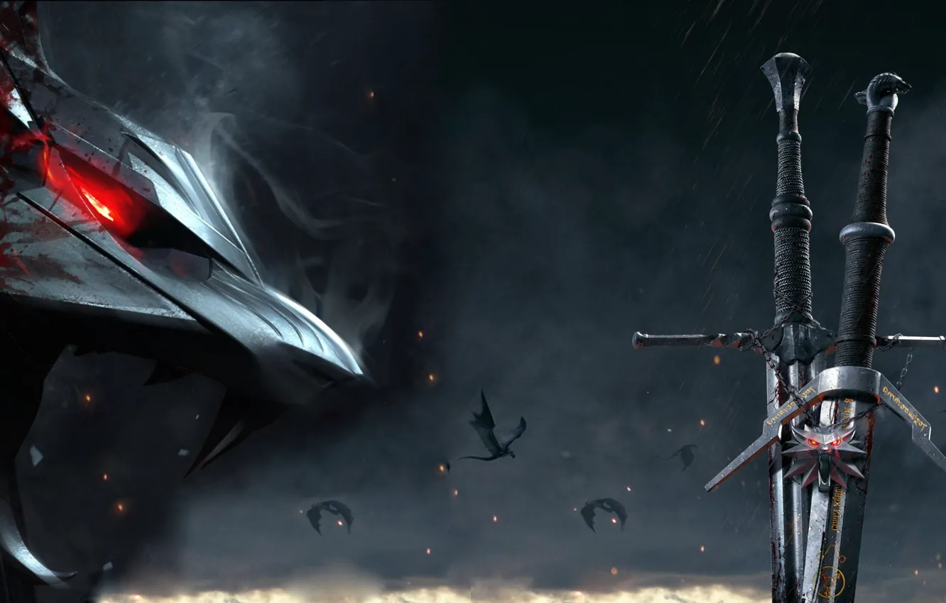 Photo wallpaper sword, swords, The Witcher 3 Wild Hunt, The Witcher 3 Wild Hunt, Wolf medallion