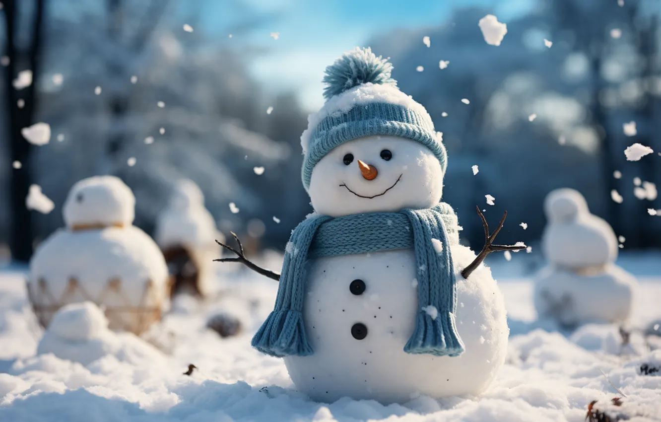 Photo wallpaper winter, snow, new year, Christmas, snowman, Christmas, winter, snow