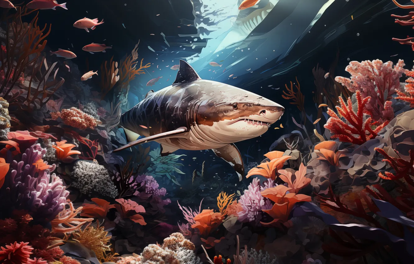 Photo wallpaper fish, predator, shark, corals, underwater world, digital art, AI art, The Art of Artificial Intelligence