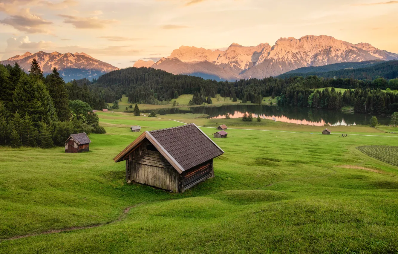 Photo wallpaper field, forest, mountains, lake, tops, dal, ate, slope