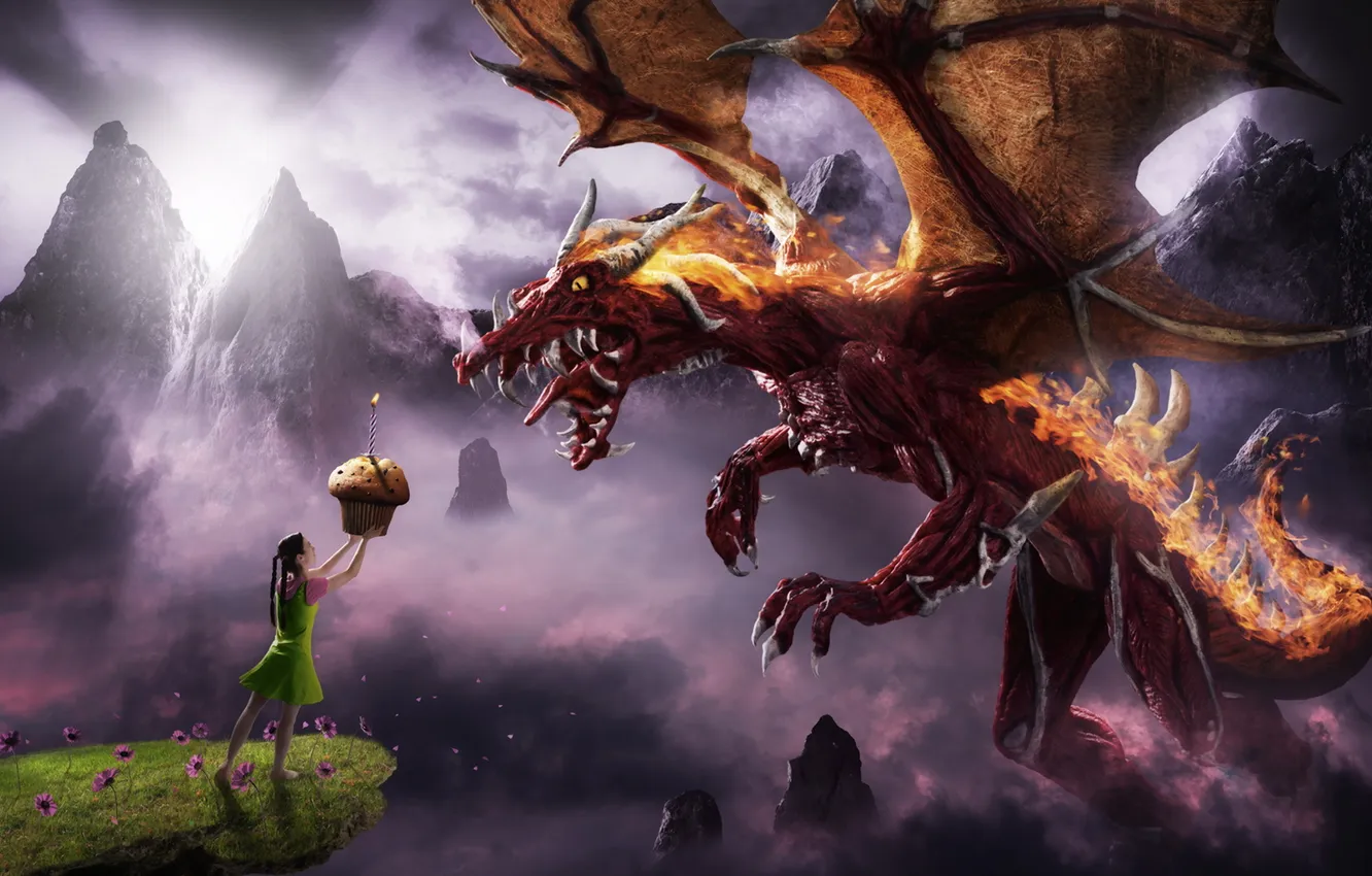 Photo wallpaper girl, fantasy, dragon, cupcake