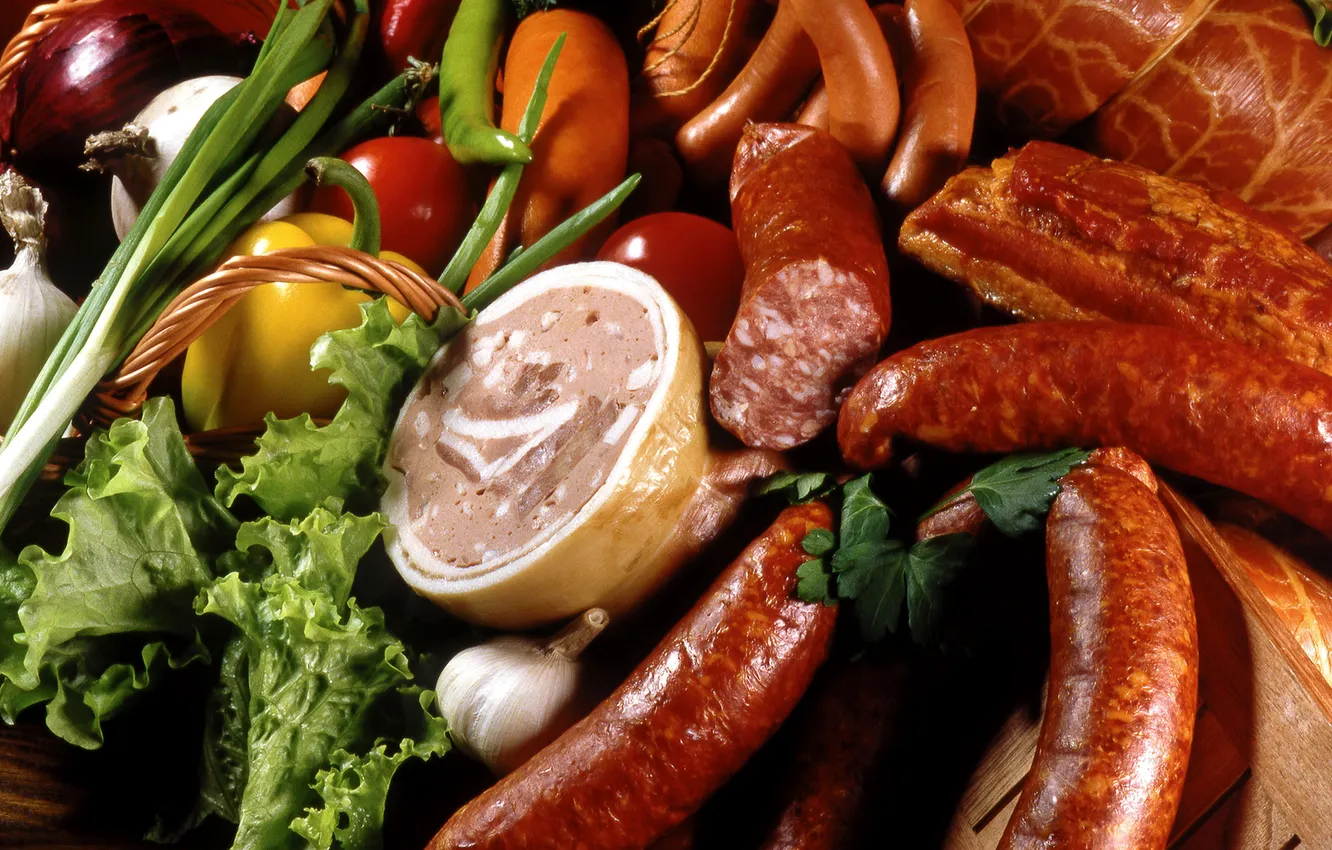 Photo wallpaper sausage, bow, pepper, vegetables, sausage, garlic