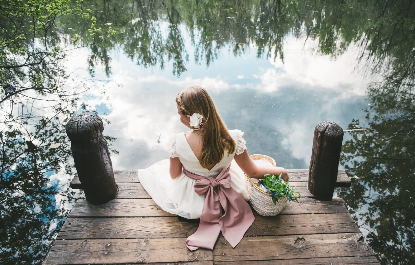 Photo wallpaper water, flowers, mood, dress, girl, bow