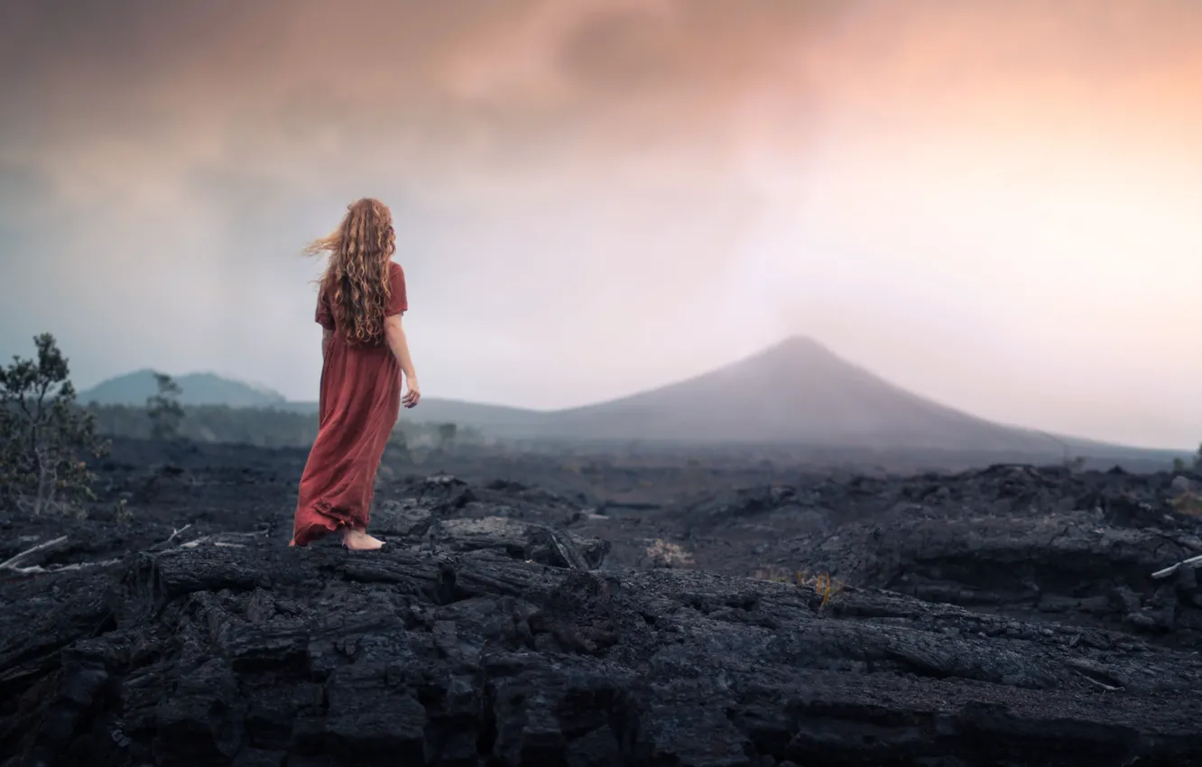 Photo wallpaper the sky, girl, clouds, mountains, fog, stones, overcast, mood