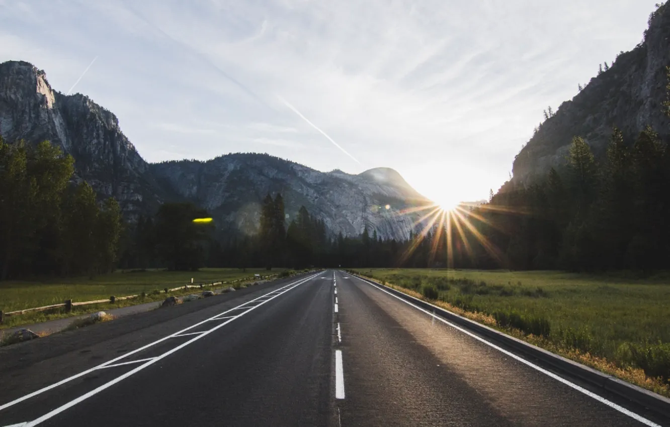 Photo wallpaper The sun, Nature, Road, Mountains, Trees