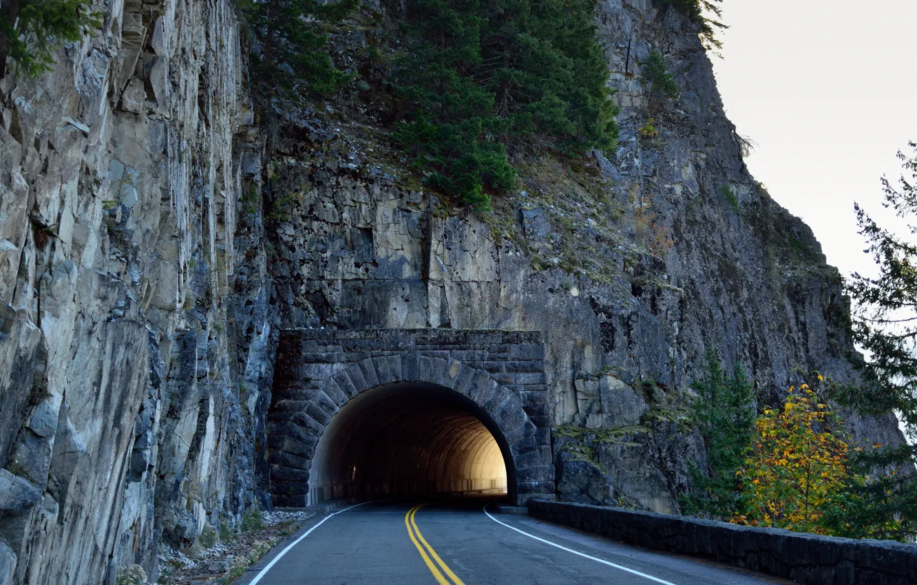 Photo wallpaper road, mountains, rocks, the tunnel