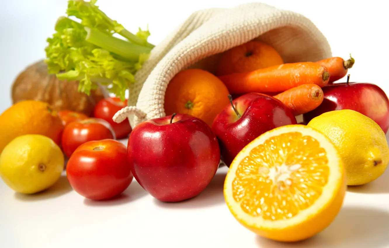 Photo wallpaper apples, food, oranges, fruit, vegetables, tomatoes, carrots, lemons