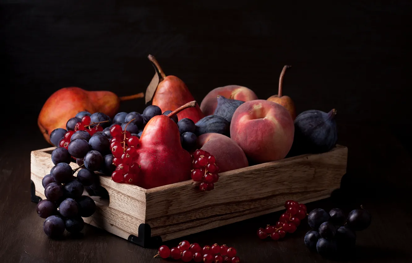 Photo wallpaper berries, table, grapes, fruit, box, peaches, pear, currants